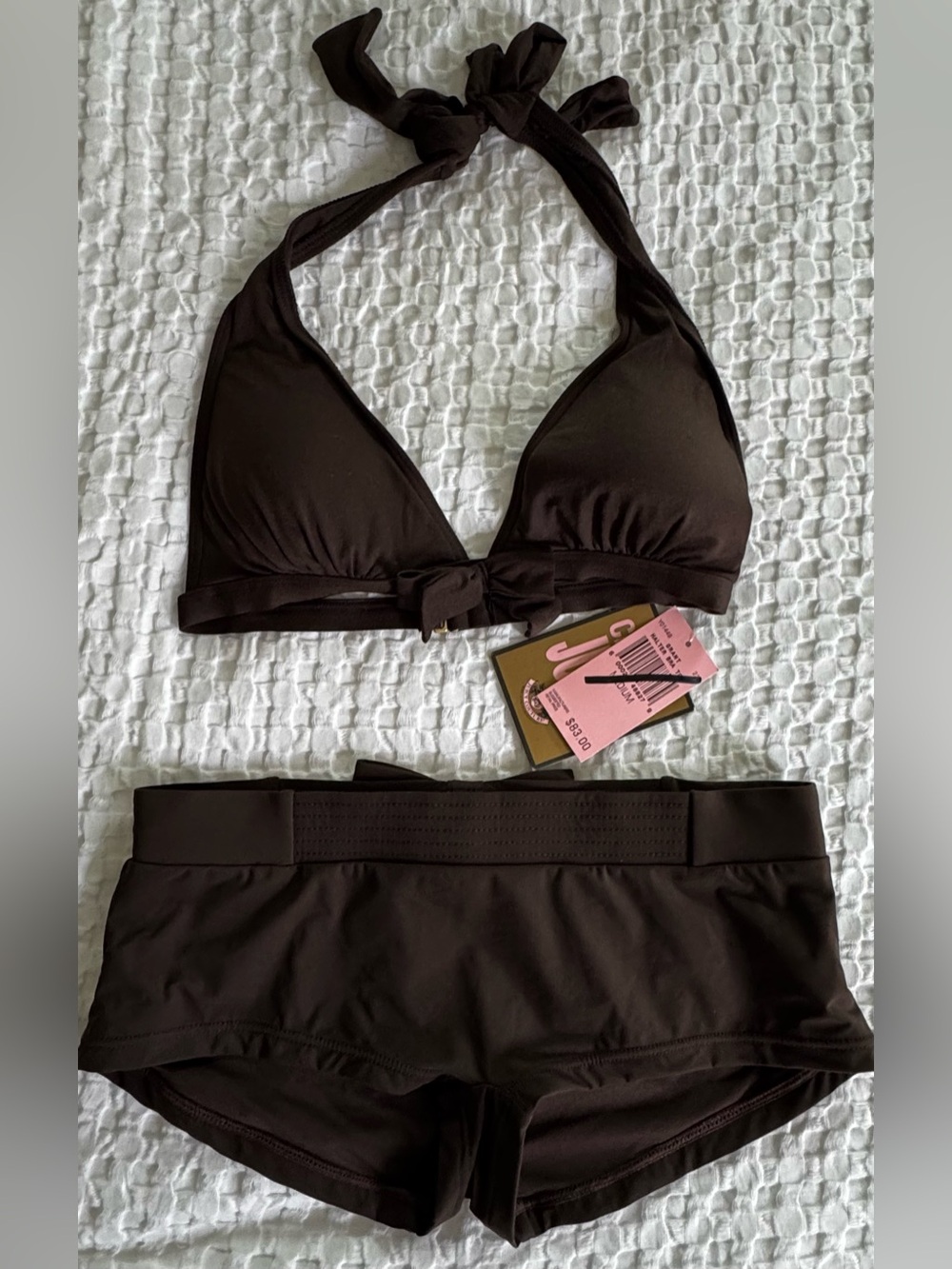 NWT Couture Top Sz M Brown Bow Halter Bra & Bottom  Sz S Boy Short. See Size!